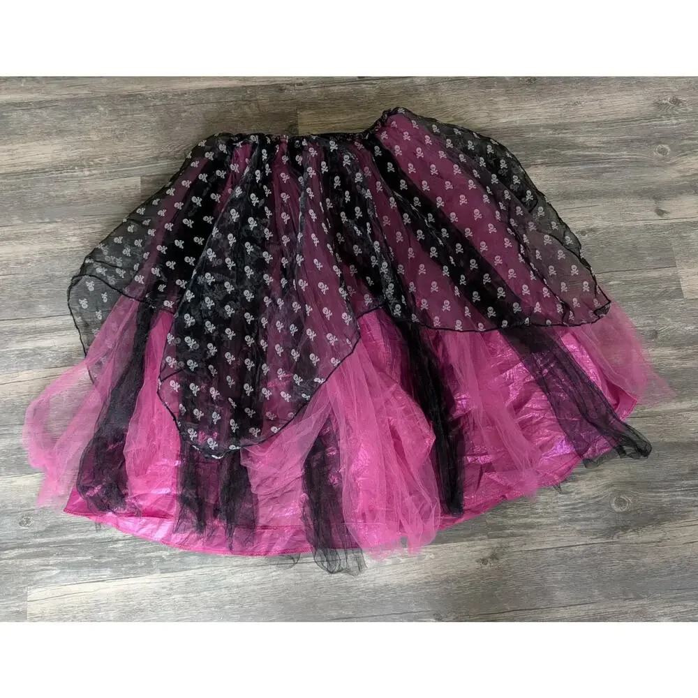 Pirate Skulls Pink Black Tulle Tutu Skirt Dance Halloween Costume Girls Sz 10